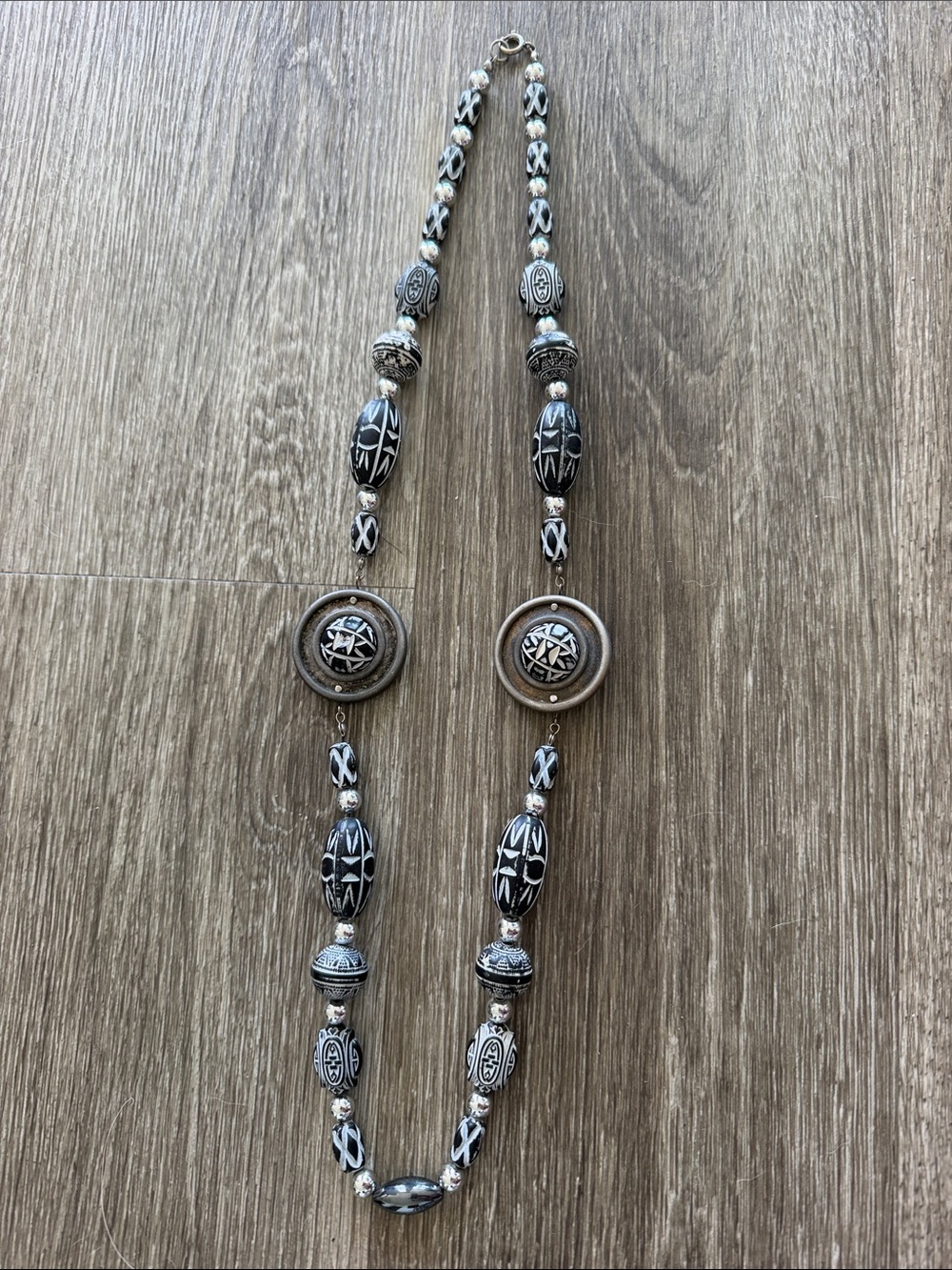 Bohemian whimsy goth witchy black white long necklace beaded medallions